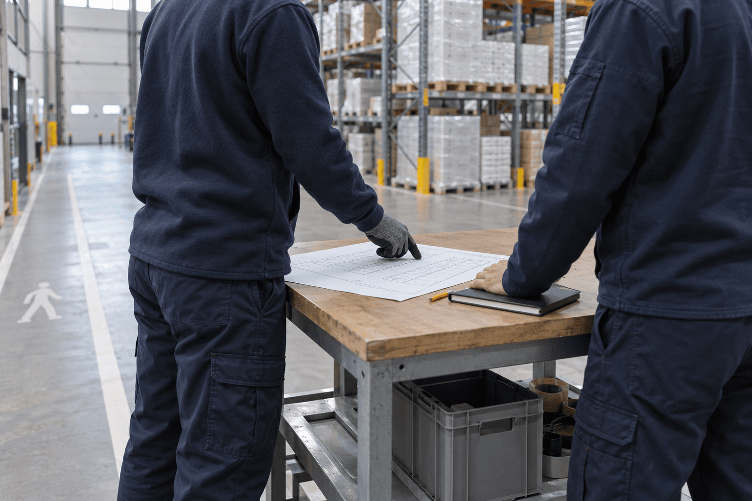 Twee personen in marineblauwe werkkleding van achteren bij een werktafel met een plattegrond van een magazijn, op de achtergrond stellingen met pallets