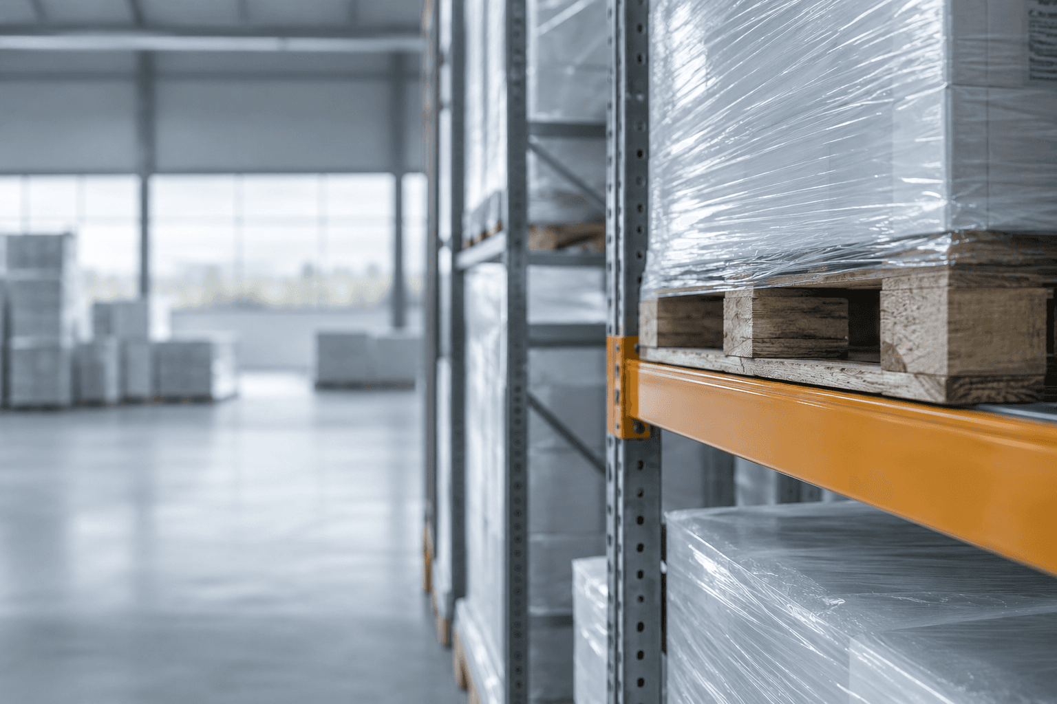 Ingepakte pallets op stellingen met een oranje ligger in een koel magazijn
